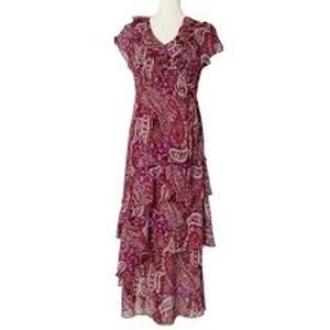 Sundance 100% Silk Maroon Paisley Ruffle Flutter Tier Maxi Dress Size 2